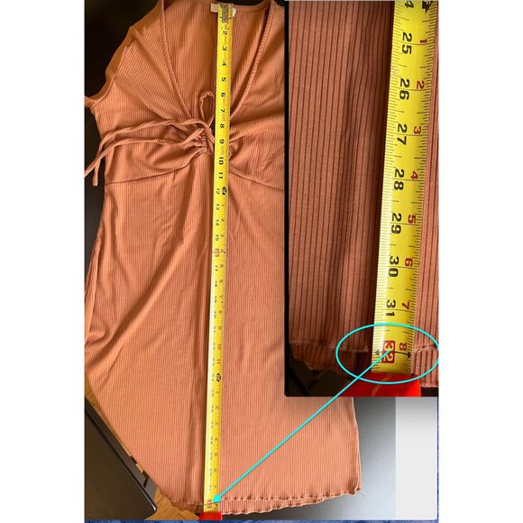 BP Tie Front Lettuce Edge Mini Dress, Tan Color Women Size M, Rib Knit Dress - Picture 6 of 13